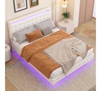 Idemon Letto piano, 140 x 200 cm, con luce ambientale, telecomando a 24 tasti, sospensioni, materiale PU, altezza della testiera a tre livelli, colore bianco