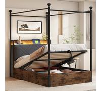 Idemon Letto singolo multifunzione in ferro 90 x 190, con spazio per il letto sollevabile idraulico e baldacchino in ferro battuto, con pali rimovibili con illuminazione e USB/tipo C, letto per