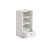Idemon Libreria, scaffale con tre ripiani e un cassetto, scorrevole silenzioso, camera da letto, soggiorno, MDF, bianco