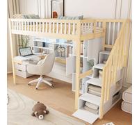 Idemon Loft Bed with LED Lights & Desk for Kids, 90 x 200 cm | High Sleeper Bed with Storage Ladder, Shelves, Drawers, Study Area, No Mattress, White & Natural