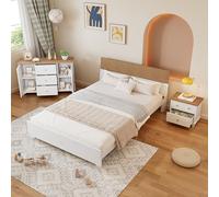 Idemon Set di 3 camere da letto complete, letto matrimoniale, comodino+cassettiera, 160 x 200 cm, letto matrimoniale con metatarso, comodino con 2 cassetti, cassettiera con 3 cassetti e 2 ante, bianco