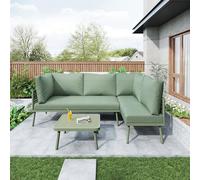 Idemon Set di mobili da giardino in ferro, mobili da giardino a forma di L, set salotto da giardino con cuscino, piedini regolabili, 2 divani e 1 tavolo (verde), HW24007