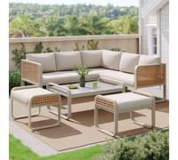 Idemon Set di mobili da giardino in rattan per 6-7 persone, divano ad angolo con struttura in ferro zincato, gambe regolabili, incluso tutto il cuscino per seduta e schienale, beige