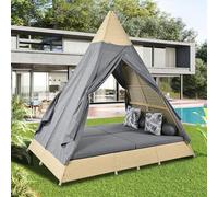 Idemon Set sala da giardino in rattan, adatto per 2-4 persone, con tutti i cuscini e cuscini in rattan beige, tenda da porta grigia, cuscino con chiusura lampo, rimovibile e lavabile