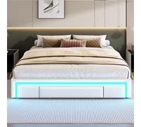 Idemon Struttura letto 180 x 200 con cassetti, in pelle PU, senza testiera, con barra luminosa, letto a doghe in metallo, per camera da letto moderna (beige)