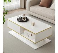 Idemon Tavolino moderno con finitura lucida, accenti dorati, tre cassetti e scomparti aperti e una barra luminosa da sogno (bianco+oro)