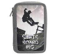 Idena 20123 - Astuccio per matite triplo con 3 scomparti con zip, design skateboard, astuccio per matite pieno con 47 pezzi