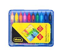 Idena 20218 - Pastelli a Cera in Astuccio Scorrevole con Funzione a Incastro, 10 Pezzi in Colori Vivaci, pastelli a Cera Impermeabili in Scatola di plastica richiudibile, per Bambini dai 3 Anni in su