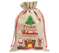 Idena 30536 Iuta: Circa 49 x 63 cm, Sacchetto di Stoffa con Babbo Natale, Renna e Scritta Frohe Weihnachten, Sacco Natalizio con Cordoncino Rosso, Marrone