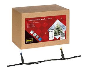 Idena 31269 - Fata LED NewTec con 200 LED in bianco e bianco caldo, con 8 luci, 4 impostazioni di dimmer e memoria, funzione timer di 8 ore, come decorazione per feste, Natale e matrimoni