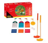 Idena 40383-Set da mini golf in legno, 11 pezzi con 2 mazze, 2 palline, 3 ostacoli e 4 buche con bandierine, per interni ed esterni, per adulti e bambini dai 6 anni in su, Multicolore, Set, 40383