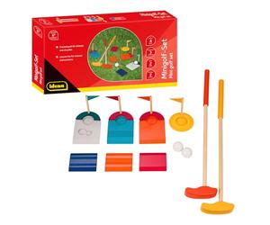 Idena 40383 - Set da Mini Golf in Legno, Set da Golf da 11 Pezzi con 2 Mazze, 2 Palline da Golf, 3 Ostacoli e 4 buche con bandierine, per Interni ed Esterni, per Adulti e Bambini dai 6 Anni in su