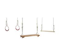 Idena 40394 - Set altalena in legno con altalena, trapezio e anelli, per bambini dai 5 anni in su, con corde di supporto regolabili e anelli in acciaio, portata fino a 50 kg, certificazione TÜV e GS