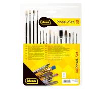 Idena 60109 - Set di pennelli, 15 pezzi, diversi tipi, pennelli di setola, pennelli rotondi e pennelli per acquerello