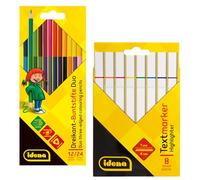 Idena 90299 - Set di 12 matite colorate in 24 colori e 8 evidenziatori, matite colorate in forma ergonomica triangolare, pennarelli con punta a cuneo e larghezza del tratto 1-4 mm