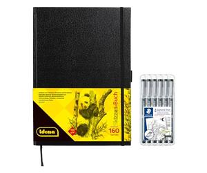 Idena 90345 - Quaderno da disegno, formato DIN A4, 160 pagine, bianco, con 6 penne fineliner con punta rivestita in metallo in 6 larghezze