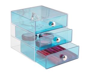 iDesign Drawers, Contenitore a Scomparti con 3 Cassetti, Mini Cassettiera Portagioielli e Make-up, Plastica Blu Acqua