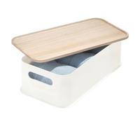 iDesign Eco Bin Organizer Bagno con Coperchio, Cestino Bagno di Dimensioni Medie con Manici in plastica Riciclata Senza BPA, Portaoggetti Bagno in Legno di Paulownia, Bianco