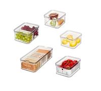 iDesign Organizer Frigorifero, Contenitori frigo con Coperchio in Set da 5, Contenitori per Frigorifero in plastica Riciclata per l'organizzazione di Alimenti, Trasparente/Bianco