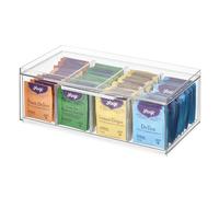 iDesign Porta 4 Scomparti, Organizer Cucina impilabile per bustine di The, Contenitore plastica con Coperchio con pareti Regolabili, Trasparente