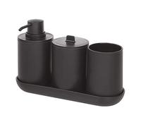 iDesign Set accessori bagno, Set da 4 in plastica composto da dispenser sapone, portaspazzolini, contenitore cotone e vassoio, nero