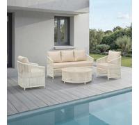 IDIMEX KULO - Set di 4 divani da esterni, colore: bianco/beige - lounge in alluminio con rivestimento in rope, tavolino con piano in vetro, inclusi 5 comodi cuscini, resistente alle intemperie, per