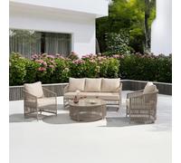IDIMEX KULO - Set di 4 divani da esterni, colore: Champagne - Set lounge in alluminio con rivestimento Rope, tavolino con piano in vetro, con 5 comodi cuscini, resistente alle intemperie, per balcone