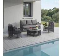 IDIMEX KULO - Set di 4 divani da esterni, colore: grigio, in alluminio, con rivestimento in rope, tavolino con piano in vetro, con 5 comodi cuscini, resistente alle intemperie, per balcone, terrazza
