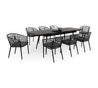 IDIMEX Set di mobili da giardino Sunny con tavolo da pranzo estraibile e 8 sedie, tavolo da pranzo, struttura in alluminio di colore nero, rivestimento in corda di colore grigio, set da pranzo con