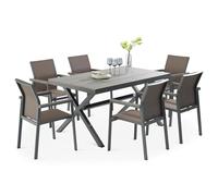 IDIMEX Set di mobili da giardino Windy con 1 tavolo e 6 sedie in alluminio e WPC in grigio/marrone, set da pranzo effetto legno, sedie con rete resistente alle intemperie, set da giardino