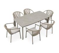 IDIMEX TAVOLO - Set di mobili da giardino con 6 sedie e tavolo, 180 x 90 cm, tavolo da giardino con piano in pietra, per esterni, sedie con rivestimento in rope, resistente alle intemperie, per
