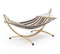IDMarket - Amaca XL con supporto in metallo effetto legno e tessuto a righe nere, bianche e cioccolato