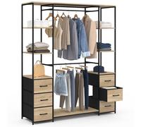 IDMarket - Armadio doppio UTAH + colonna doppia L. 140 cm con 6 ripiani e 6 cestini in legno e tessuto nero