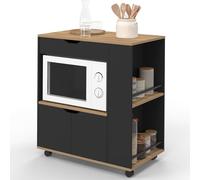 IDMarket - Credenza COSI per microonde con cassetto e ripiani per spezie in legno nero e vassoi in faggio L.76 cm