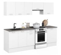 IDMarket - Cucina completa 240 cm Sottile con Piano di Lavoro 7 elementi Bianco e Vassoi Effetto Calcestruzzo