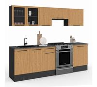 IDMarket - Cucina completa 240 cm sottile con vetrina + piano di lavoro 7 elementi legno e nero