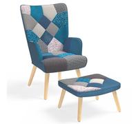 IDMarket - IVAR Poltrona scandinava con poggiapiedi in tessuto patchwork e velluto blu