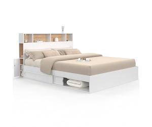IDMarket - Letto matrimoniale CLEM con contenitore + testata e rete 160 x 200 cm bianco e faggio