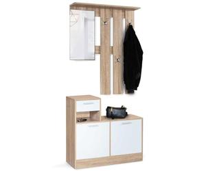 IDMarket - Mobile da ingresso, appendiabiti con specchio, design in legno faggio e ante bianco PAULIN