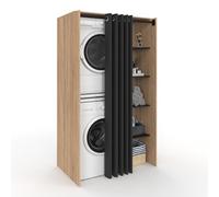 IDMarket - Mobile lavatrice doppio WALLIS con tenda scorrevole nera in faggio e legno look nero