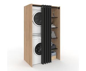 IDMarket - Mobile lavatrice doppio WALLIS con tenda scorrevole nera in faggio e legno look nero