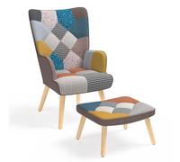 IDMarket - Poltrona scandinava IVAR con poggiapiedi in tessuto patchwork multicolore