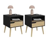 IDMarket - Set di 2 comodini Helsinki, 1 cassetto, stile scandinavo, nero e effetto faggio