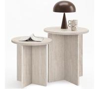 IDMarket - Set di 2 tavolini rotondi per divano, comodini Marth, 35/40 cm, in legno, effetto travertino