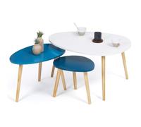 IDMarket - Set di 3 tavolini nidificanti GAIA laccati in bianco e blu in stile scandinavo