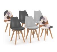 IDMarket - Set di 6 sedie scandinave SARA grigio scuro x2, grigio chiaro x2 e patchwork marrone x2