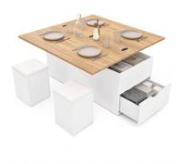IDMarket Tavolino sollevabile convertibile ELEA con pouf bianco e legno | Rettangolare, doppio vassoio, sollevabile convertibile in tavolo da pranzo, 2 pouf, 1 cassetto, legno bianco e faggio