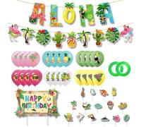 IDNVFY 1 Pezzo di Bandiera Hawaiana, 16 Pezzi di Inserti per La Carta per Torta, 24 Pezzi di Palloncini, 2 Pezzi di Legamenti Verdi, Decorazioni di Cartoni Animati Creativi, Disposizione delle Scene.