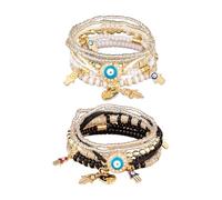 IDNVFY Set di Bracciale Multistrato A 2 Pezzi Devil's Eye, Braccialetto di Perline Bohemien, Bracciale Elastico con Pendente A Palma (Bianco, Nero).
