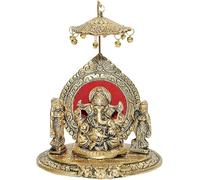 Idolo in metallo Riddhi Siddhi Chatra Ganesh, altezza 18 cm, finitura oro anticato